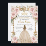 Convites Vintage Blush Pink Champagne Quinceañera Floral<br><div class="desc">Personalize este bonito champanhe cor-de-rosa floral Quinceañera / doce convite de 16 anos, fácil e rapidamente. Basta clicar no botão personalizar para editar o texto, alterar as fontes e as cores das fontes. Apresentando uma garota vestida com um belo vestido de champanhe, flores cor-de-rosa com pincel chic e um quadro...</div>