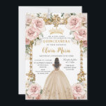 Convites Vintage Blush Pink Champagne Quinceañera Floral<br><div class="desc">Personalize este bonito champanhe cor-de-rosa floral Quinceañera / doce convite de 16 anos, fácil e rapidamente. Basta clicar no botão personalizar para editar o texto, alterar as fontes e as cores das fontes. Apresentando uma garota vestida com um belo vestido de champanhe, flores cor-de-rosa com pincel chic e um quadro...</div>