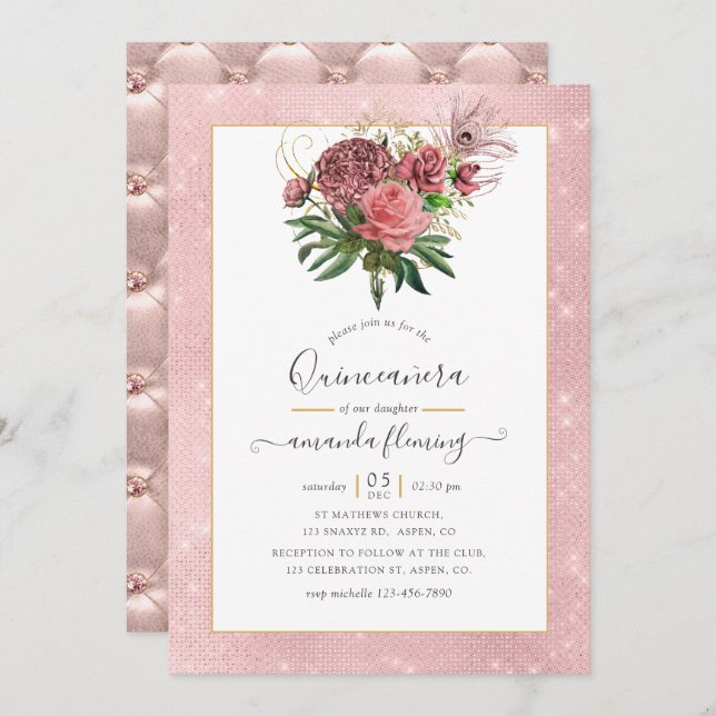 Convites Vintage Blush Pink e Dourada Mascarada Quinceañera (Frente/Verso)