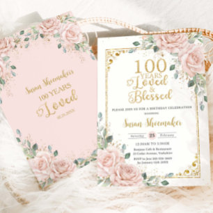 Convites Vintage Blush Rosa Floral 100th Birthday Loved
