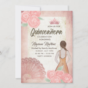Convites Vintage blush rosas de ventilador rosa-mão tiara Q