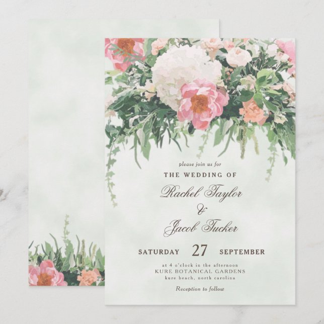 Convites Vintage Blush Roses Rosa Watercolor Casamento Flor (Frente/Verso)