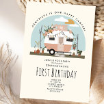 Convites Vintage Boho One Happy Camper First Festa de anive<br><div class="desc">Ilustração de uma campa rosa pincelada,  pincel,  inspirada nos anos 70,  decorada com bruxelas,  flores,  macrame,  cacto,  pampas e plantas cercadas.</div>