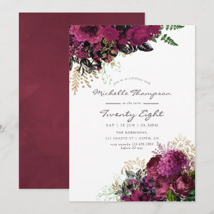 Convites Vintage Borgonha e Dourado Floral Qualquer Anivers