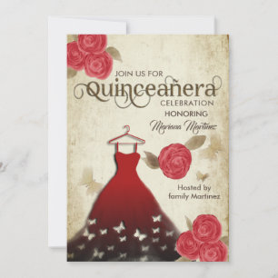 Convites Vintage borterfly rosas vermelhas Quince Inv