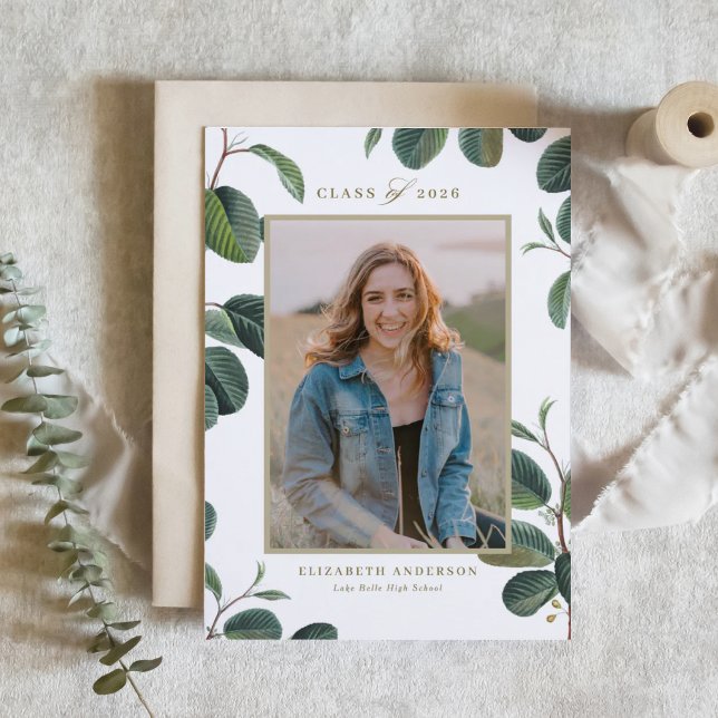 Convites Vintage Botanical Leaves White Photo Graduação (Customizable photo graduation invitation featuring botanical greenery.)