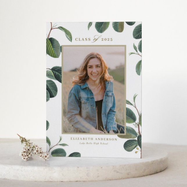 Convites Vintage Botanical Leaves White Photo Graduação (Customizable botanical photo graduation invitation featuring watercolor greenery and elegant script.)