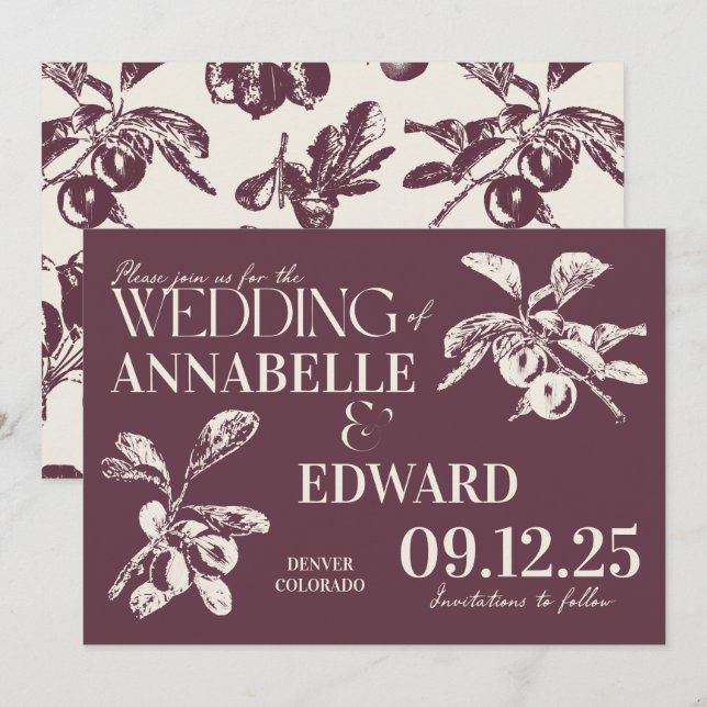 Convites Vintage Botanical Wedding Plum Burgundy (Frente/Verso)