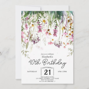 Convites Vintage Botanical Wildflower aniversário de 40 ano