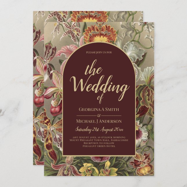 Convites Vintage Bourgundy Floral Weddin (Frente/Verso)