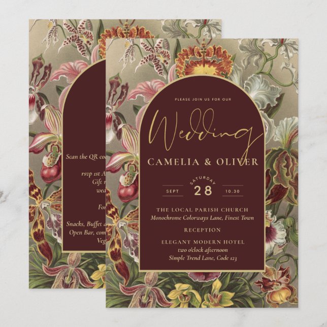 Convites Vintage Bourgundy Floral Weddin (Frente/Verso)