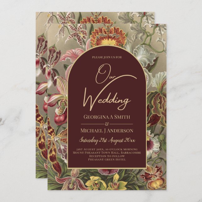 Convites Vintage Bourgundy Floral Weddin (Frente/Verso)
