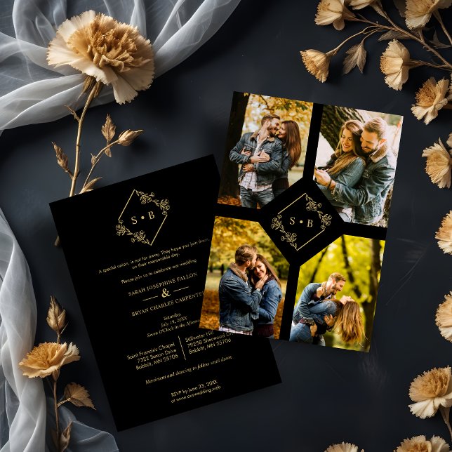 Convites Vintage Branches Diamond Shape Golden 4 Photos (Vintage Branches Diamond Shape Golden Effect 4 Photos Collage Wedding Invitation with Envelope.)