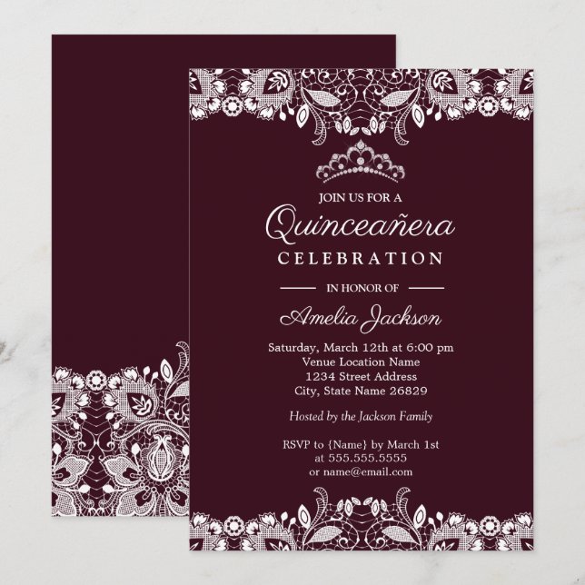 Convites Vintage Branco Renda Burgundy Quinceanera (Frente/Verso)