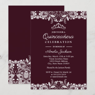 Convites Vintage Branco Renda Burgundy Quinceanera