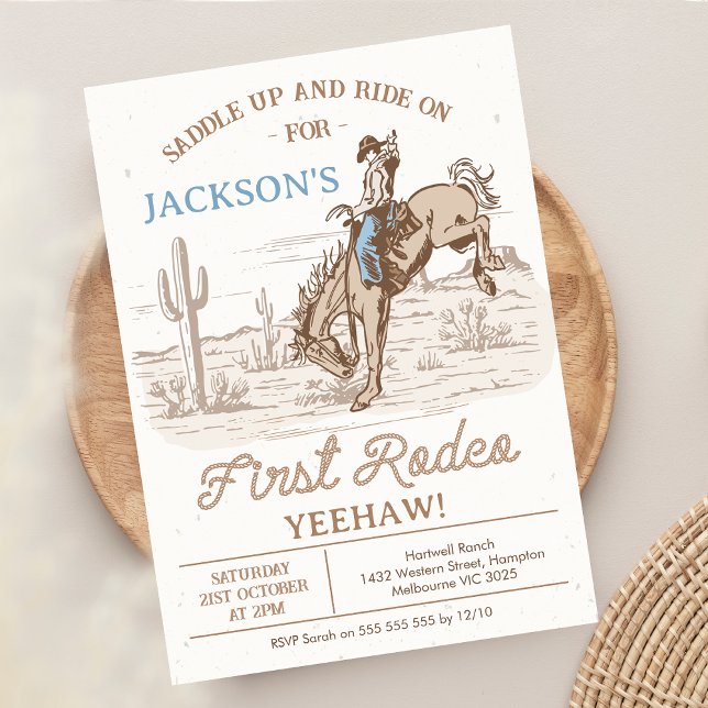 Convites Vintage Brown Cowboy Primeiro primeiro aniversario (Cowboy First Rodeo 1st Birthday Invitation Boy, Vintage 1st Rodeo Birthday Invite, Western Wild West)