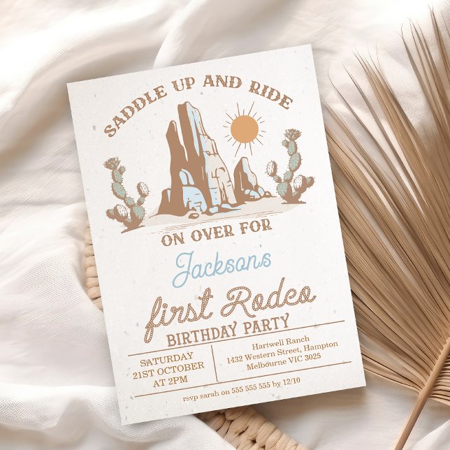 Convites Vintage Brown Desert First Rodeo primeiro aniversa (Vintage Boys First Rodeo 1st Birthday Invitation, Wild West Birthday, Western Cowboy Desert Sun )
