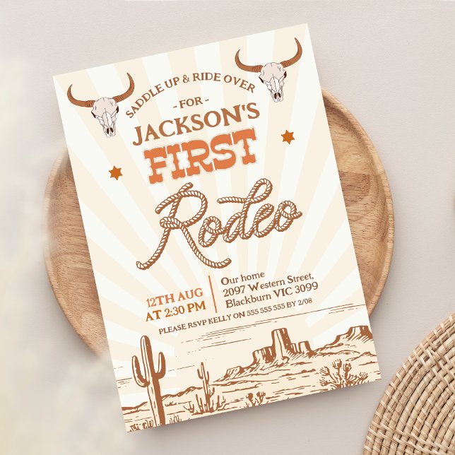Convites Vintage Brown Orange 1rua Rodeo Aniversário (Vintage First Rodeo 1st Birthday Invitation Boy, 1st Rodeo Birthday Invitation Western Cowboy Invite)