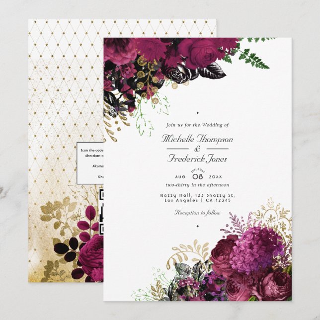 Convites Vintage Burgundy - Casamento com o Código QR de Ma (Frente/Verso)