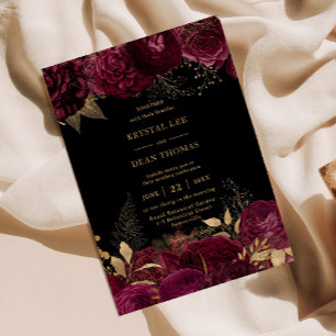 Convites Vintage Burgundy Dourado Casamento de Rosas Florai