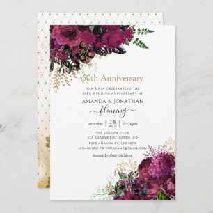 Convites Vintage Burgundy e Dourado 50º Aniversário de Casa