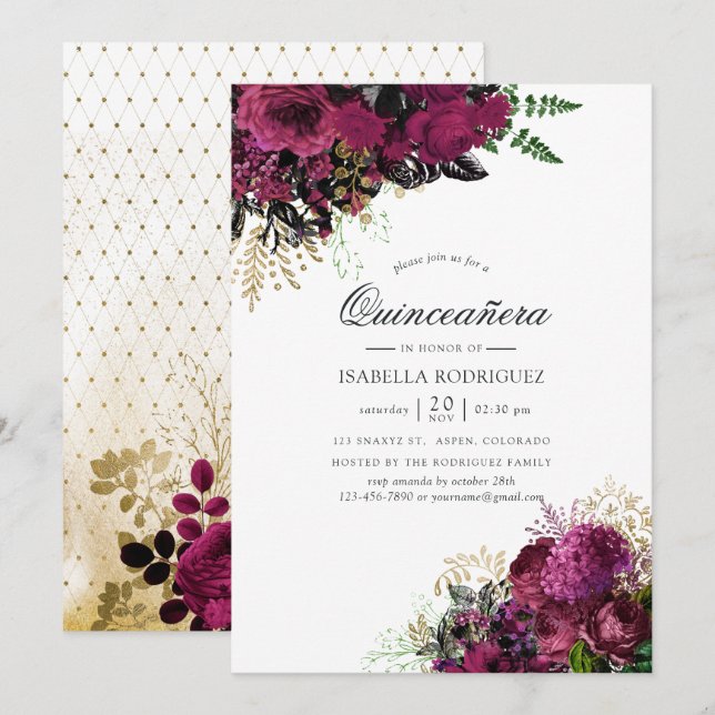 Convites Vintage Burgundy - Marsala e Quinceañera Dourada (Frente/Verso)