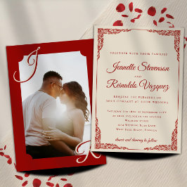 Convites Vintage Burgundy Red Bone White Photo Wedding