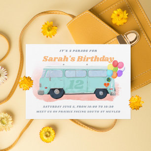 Convites Vintage Bus Retro 70s Parade de Aniversário