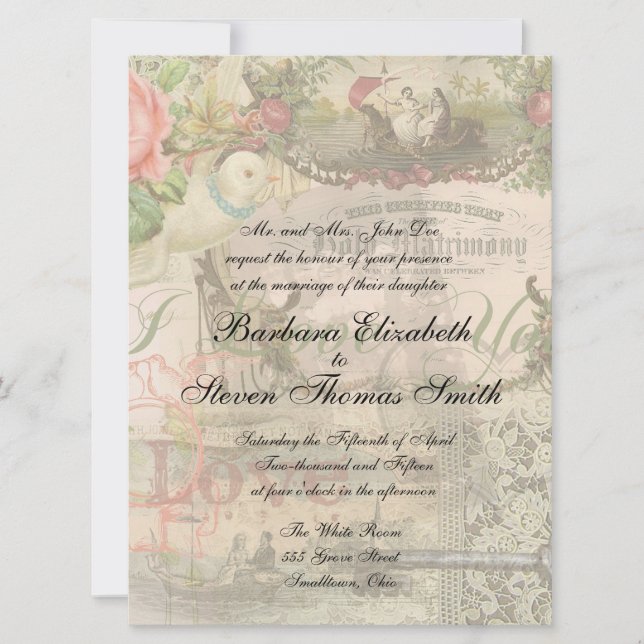 Convites Vintage Casamento Antiquado de Casamento Elegante (Frente)