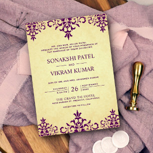 Convites Vintage Casamento Índio com Damasco Roxo Roxo