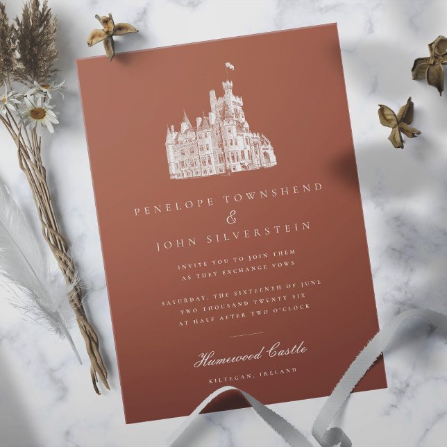 Convites Vintage Castle Illustration Burnt Orange Wedding (Burnt orange wedding invitation with an illustration of a castle)