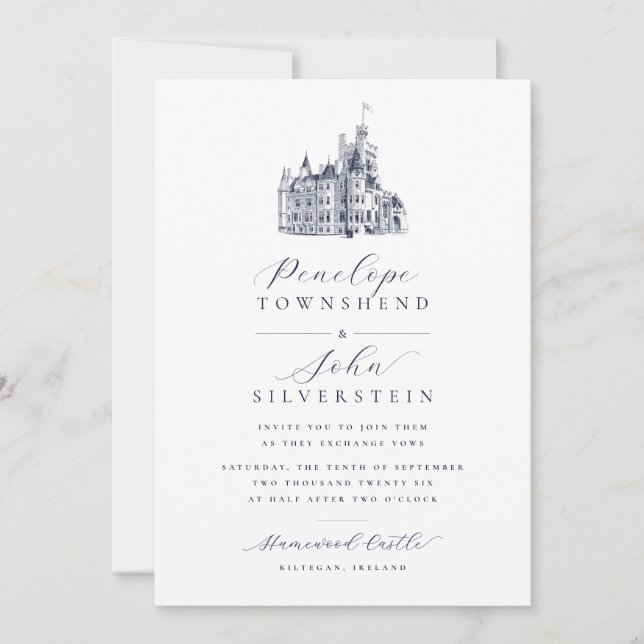 Convites Vintage Castle Illustration Name Script Wedding (Frente)