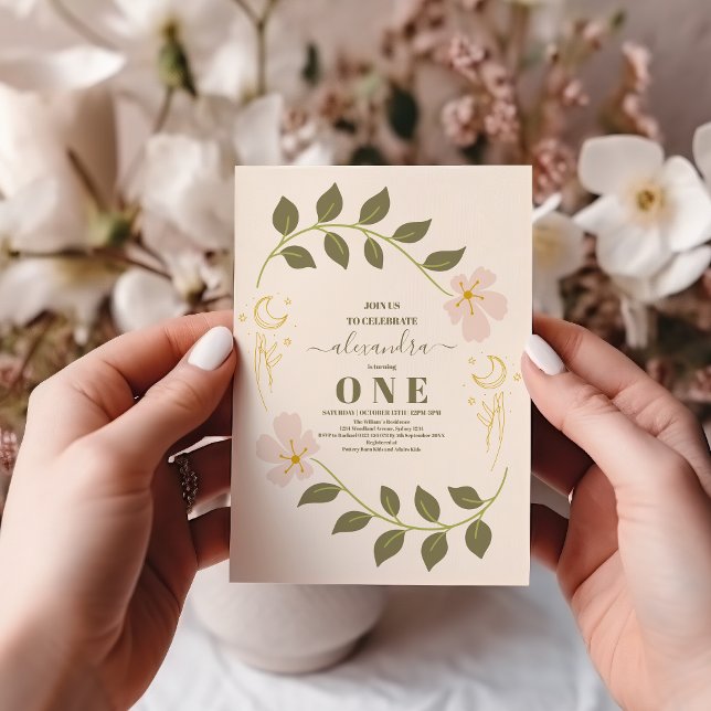 Convites Vintage Celestial primeiro aniversario Botânico (Criador carregado)