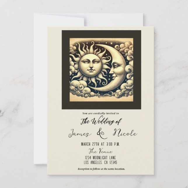 Convites Vintage Celestial Sun & Moon Wedding (Frente)