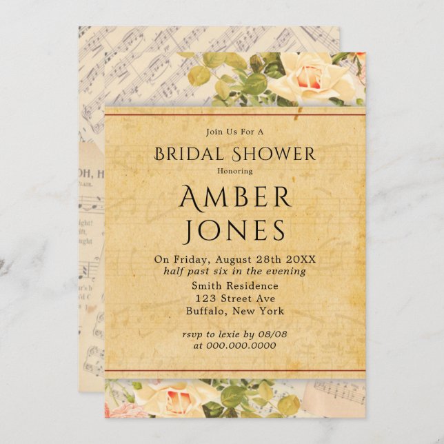 Convites Vintage Chá de panela Musical Floral (Frente/Verso)