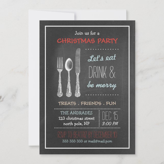Convites Vintage Chalkboard Christmas Party Red Blue (Frente)