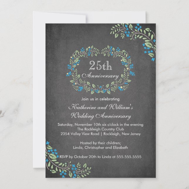 Convites Vintage Chalkboard Floral Frame Anniversário (Frente)