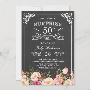 Convites Vintage Chalkboard Floral Surprise Festa de aniver