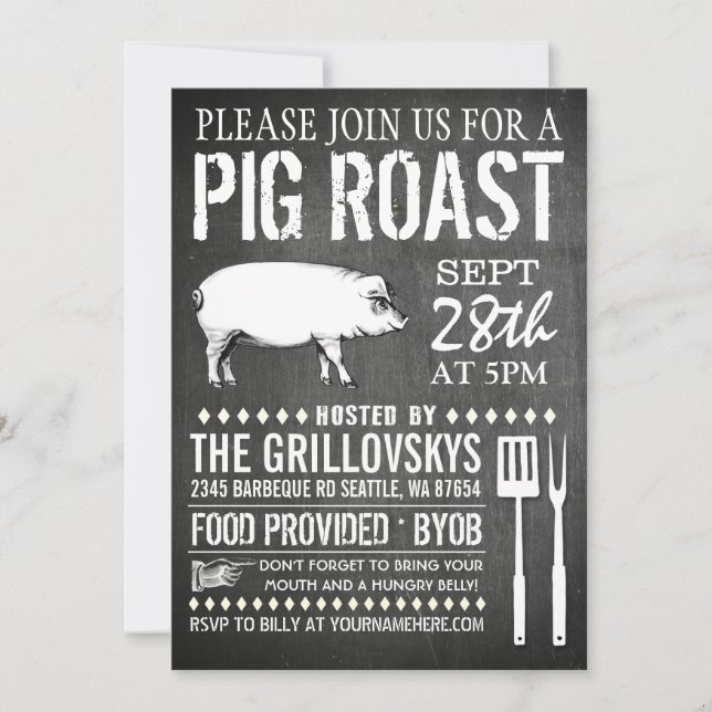 Convites Vintage Chalkboard Pig Roast Invent (Frente)