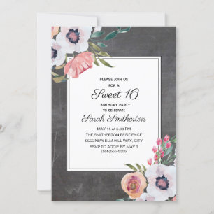 Convites Vintage Chalkboard Pink White Floral Sweet 16