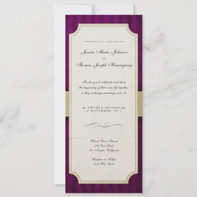 Convites Vintage Charm Ivory & EggPlant Monograma Wedding (Frente)