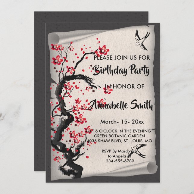 Convites Vintage Cherry Blossom (Frente/Verso)