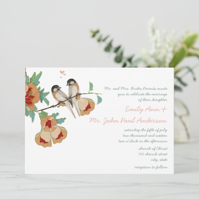 Convites Vintage Cherry Blossom Love II Peach Mint (Em pé/Frente)