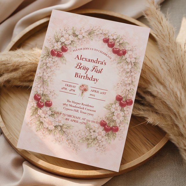 Convites Vintage Cherry Garden Girl 1st Birthday (Criador carregado)