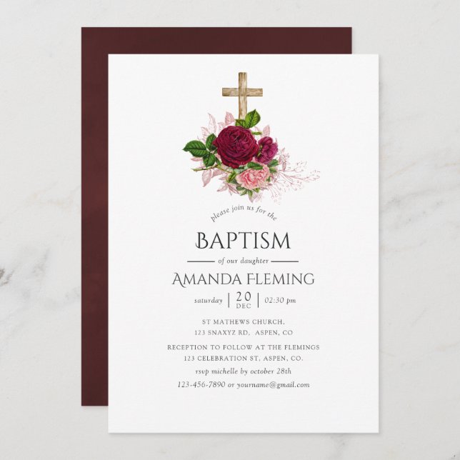 Convites Vintage Chic Blush & Burgundy Baptism/Christening (Frente/Verso)