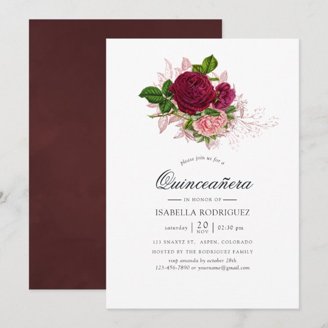 Convites Vintage Chic Blush e Burgundy Floral Quinceañera (Frente/Verso)