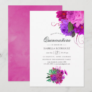 Convites Vintage Chic Fúcsia e Floral Roxo Quinceañera