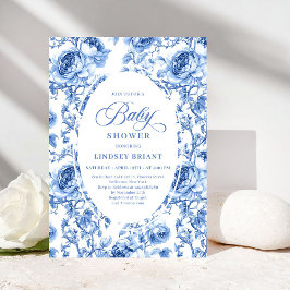 Convites Vintage Chic Navy Toile de Jouy Roses Baby Shower
