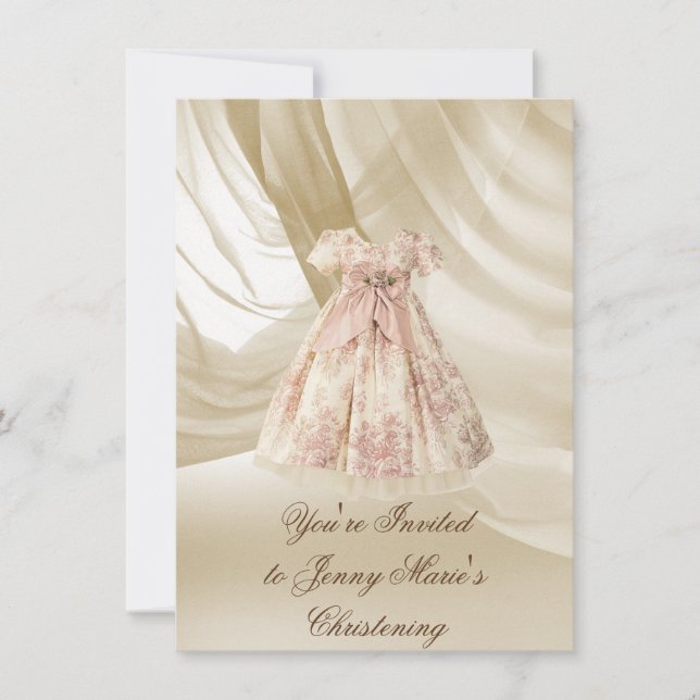 Convites Vintage Christening Invitation PINK DAMASK (Frente)