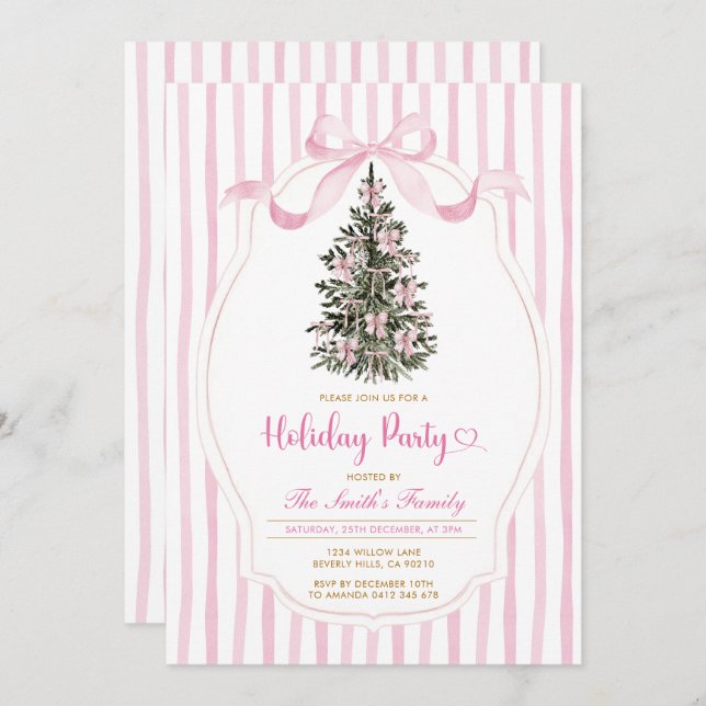 Convites Vintage Christmas Tree Pink Bow Holiday Party  (Frente/Verso)